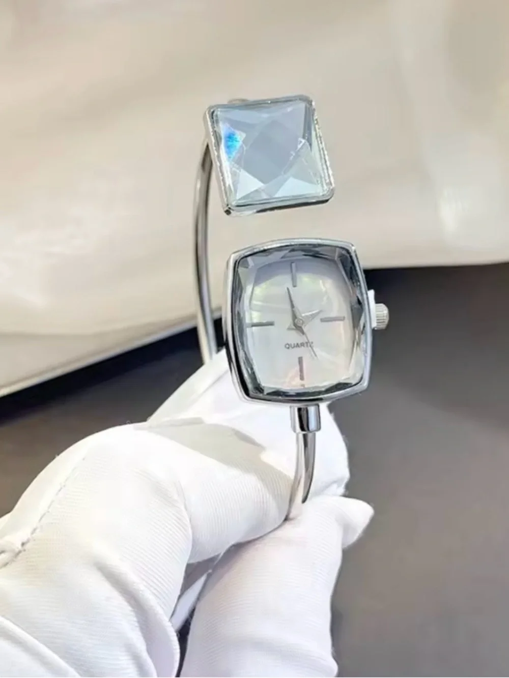 New Kohl’s Silver Open Cuff Quartz Watch Bracelet with Faceted Crystal Accent
